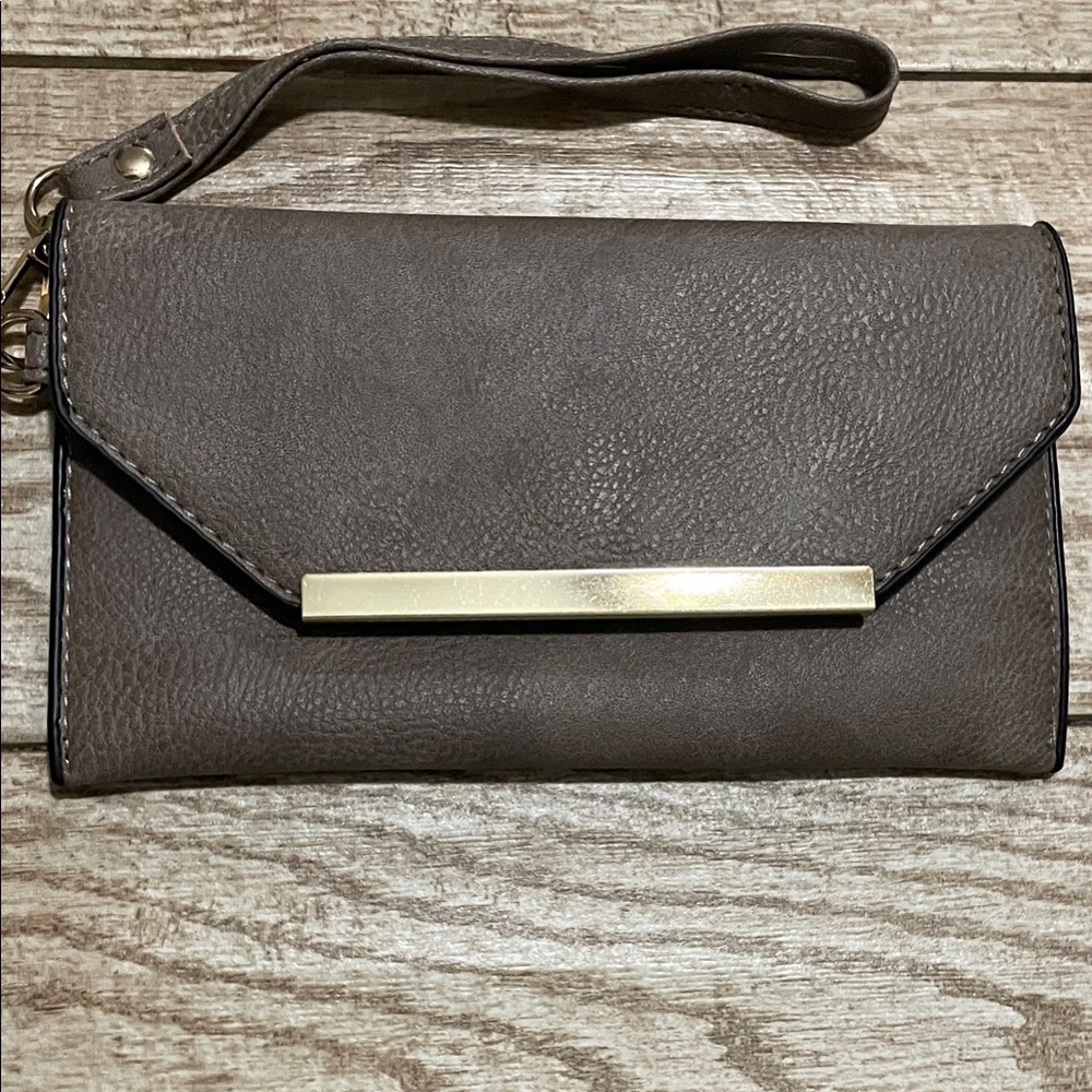 Chic Taupe Clutch with Gold Bar by [Brand]